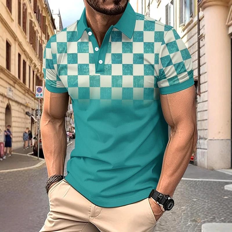 Summer Men's Casual Polo Shirt Short Sleeve Lapel Button Tshirt for Men Casual Streetwear Lightweight Jogging Tops Grid Printing