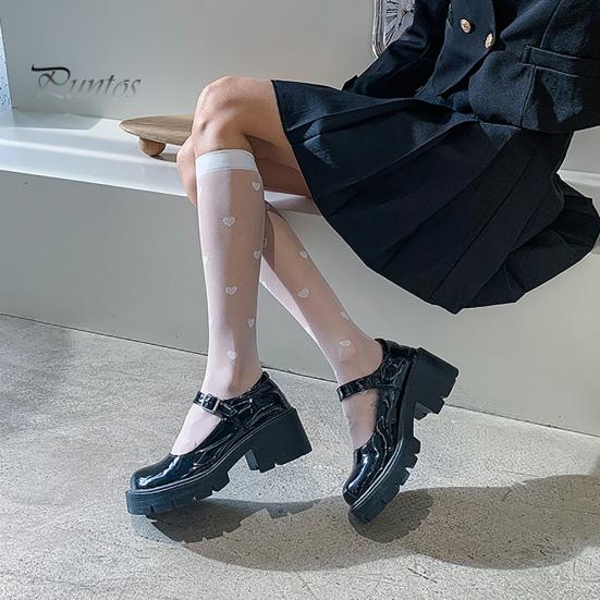 Long Socks 1 Pair Women Thin See-through Solid Color Lolita Heart Print Match Uniform Elastic Comfortable JK Style Calf Cosplay Supplies