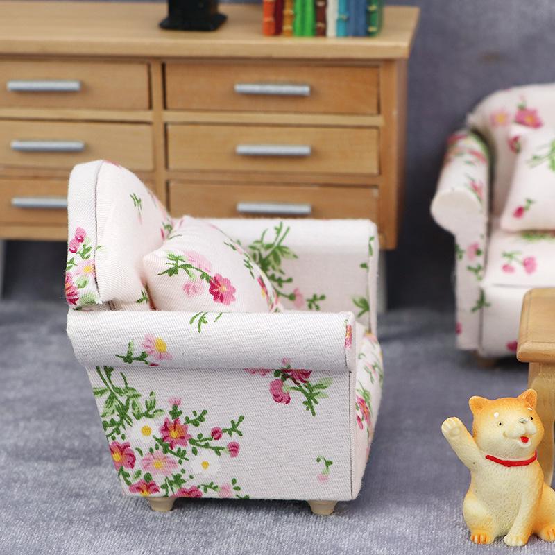 1:12 Dollhouse Miniature Floral Sofa Cover with Cushion in Pink-Green Flower Cluster Design