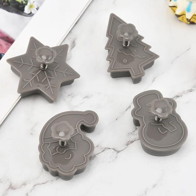 4Pcs Christmas Baking Mold Set DIY Tree Snowman Cookie Cutter Plunger for Gingerbread Fondant Cake Decorating Pastry Tools