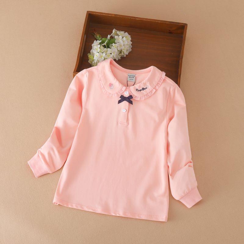 Kuyeebear Meisjes T-shirt met lange mouwen Kinderen poloshirt Effen kleur Katoen Baby Turn-down kraag Top met schattige strik 6-14 jaar Lente Herfst Kinderen Leuke kleding 150
