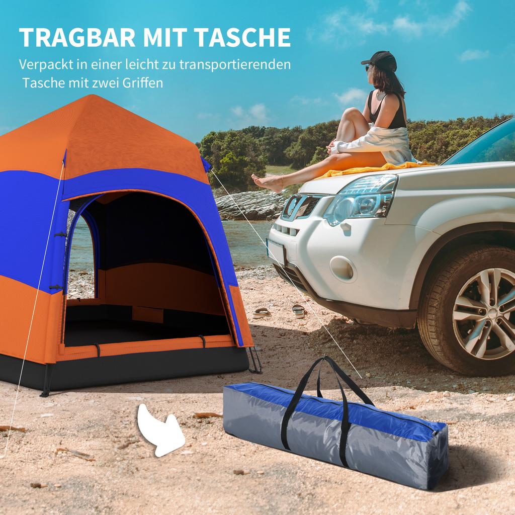 Six Man Hexagon Camping Tent with Hang Hook and Carry Bag - Orange and Blue
