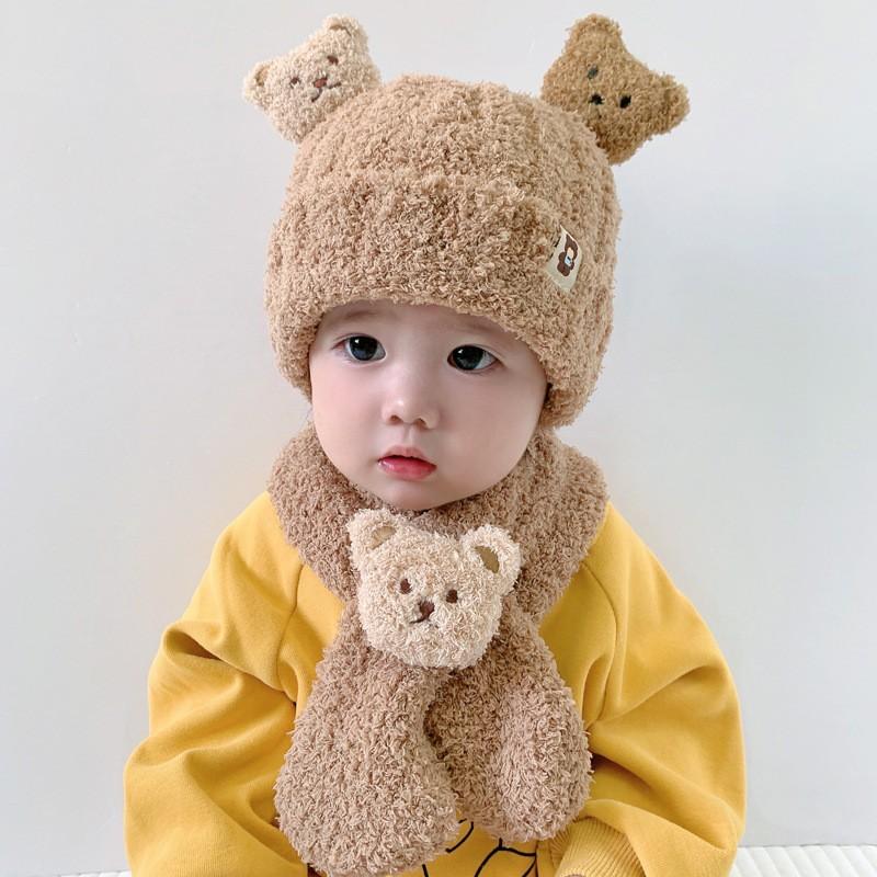Super Cute Bear Fleece Baby Hat Scarf Combo Thermal Winter Cap with Neck Warmer Infant Toddler Gift Set