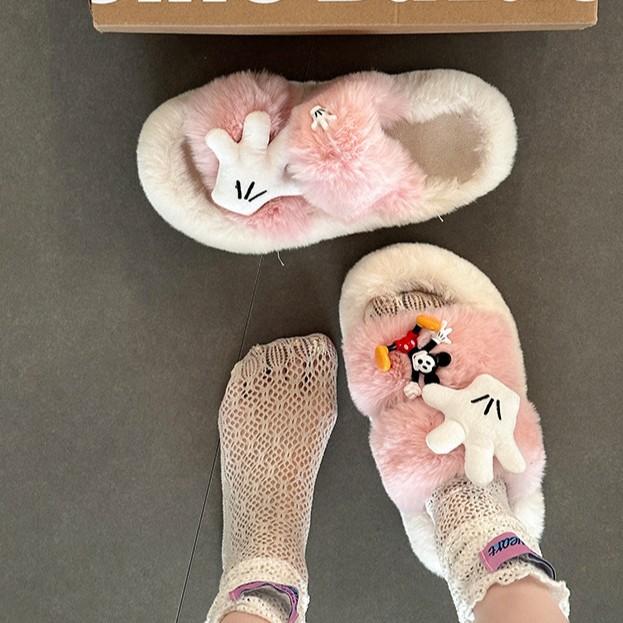Cartoon Mickey Mao Mao slippers women fashion cute winter 2025 new outer wear cotton slippers Mao Mao cotton shoes