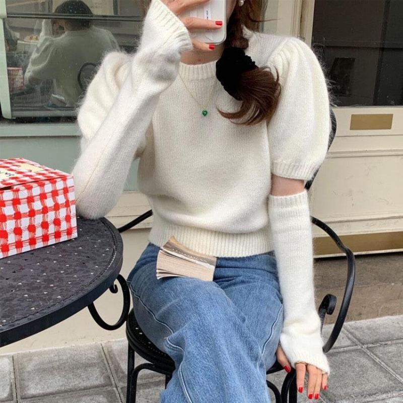 

Pure desire short disassembly sub-sleeves bubble sleeves Christmas red sweater women s autumn and winter lazy design knitted sweater top one size fits all