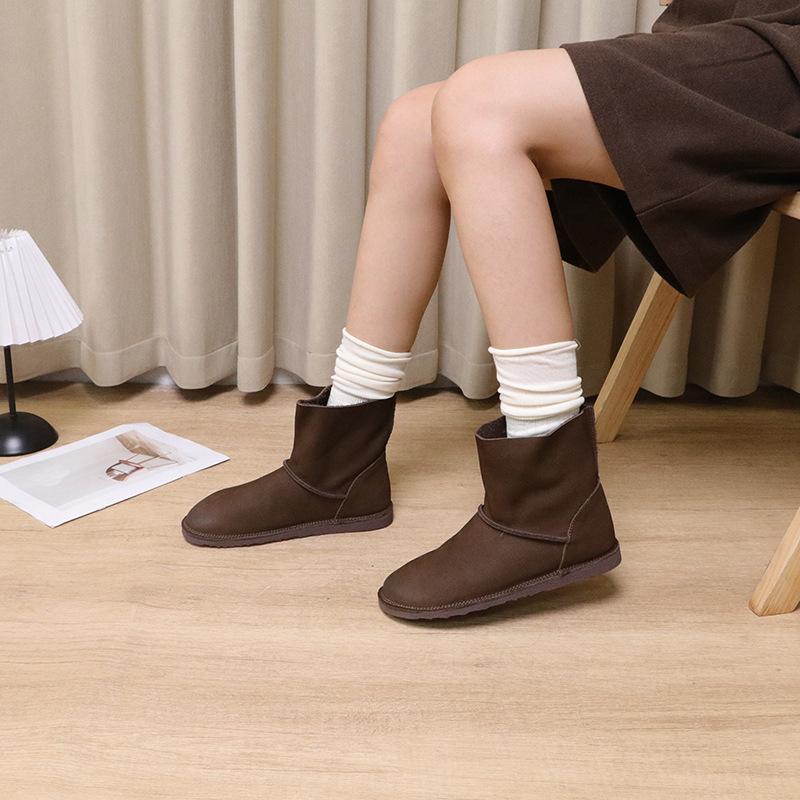 Johnature Vintage Handmade Genuine Leather Short Boots Solid Color Soft Cowhide Versatile Women Flat Boots