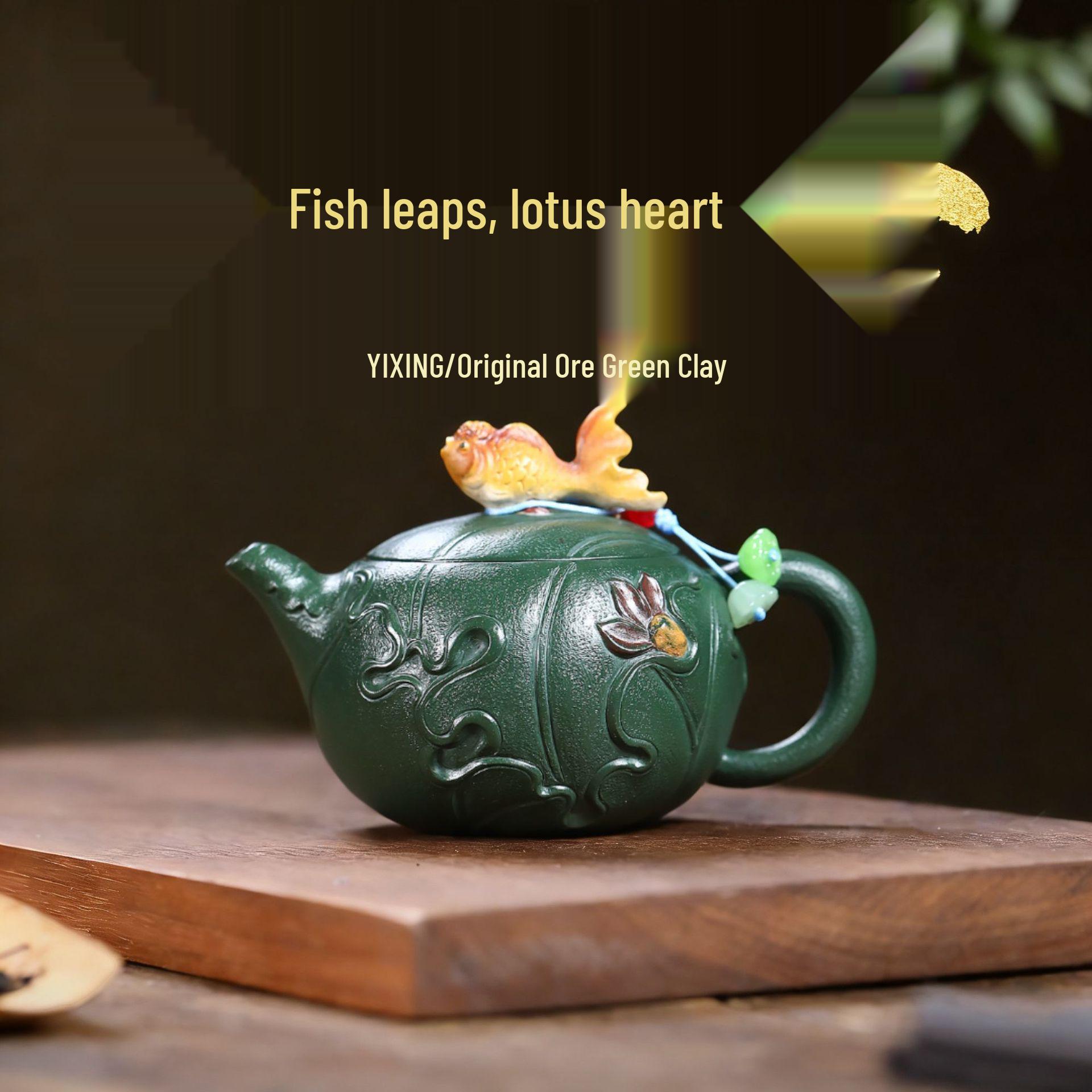 Yixing Zisha Handmade Green Clay Fish & Lotus Teapot - Biomimetic Design Gongfu Tea Set 160CC