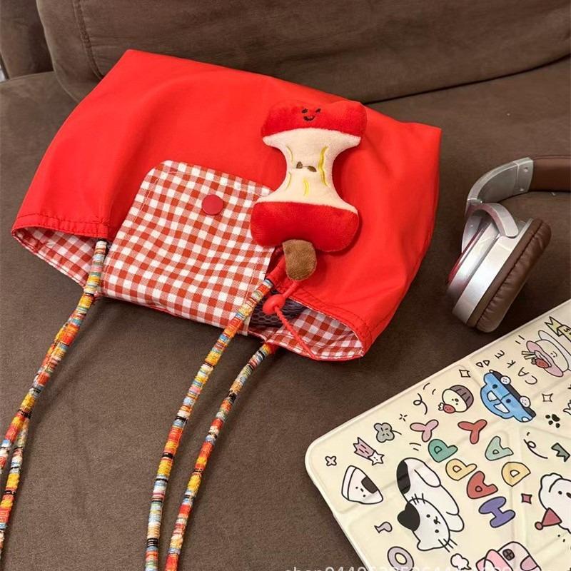 New Korean Large-capacity Red Shoulder Portable Plaid Canvas Bag Versatile Student Commuter Leisure Tote Bag Women