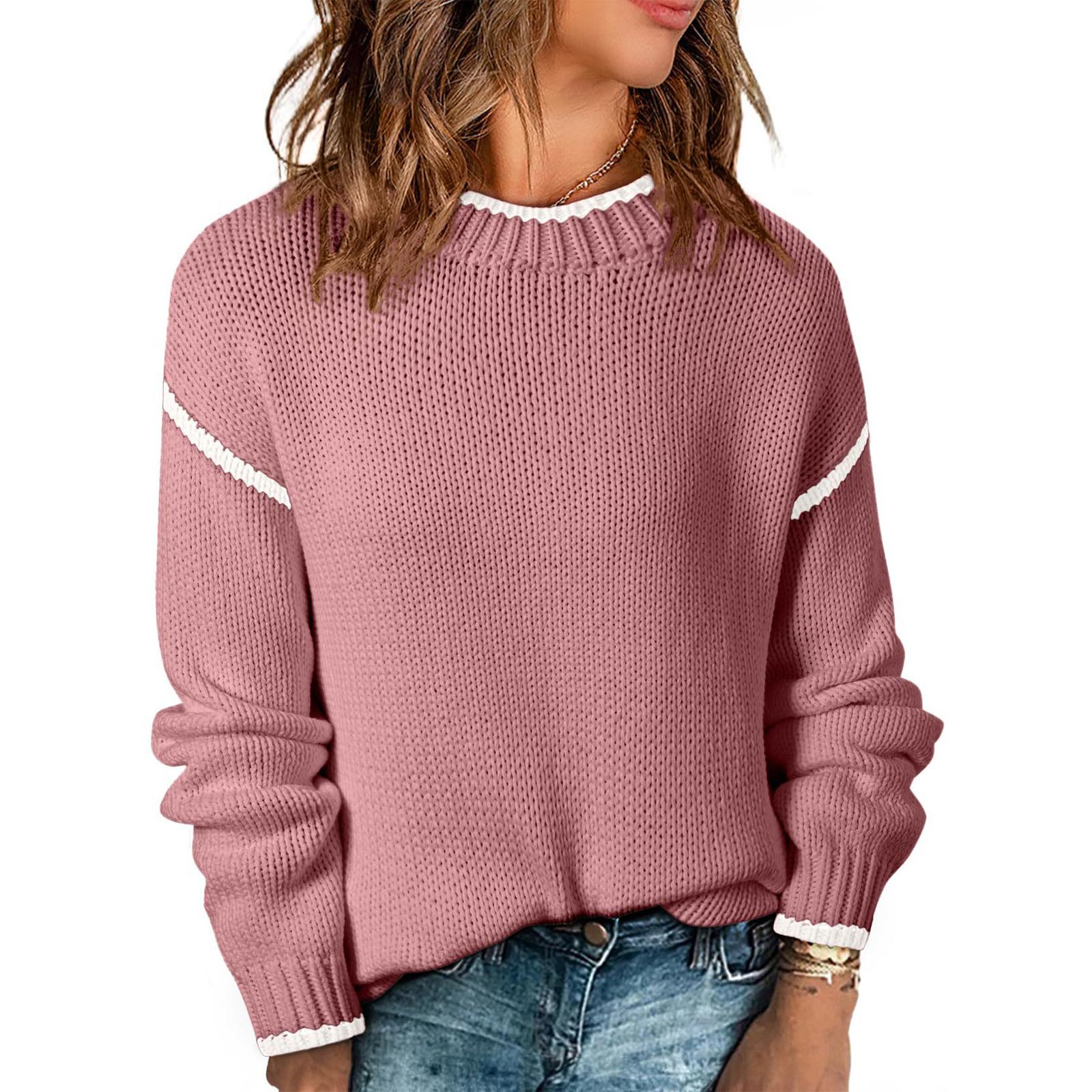 

Women s Fashion Color Blocked Round Neck Long Sleeved Knitted Sweater Pullover Sweater Top XL