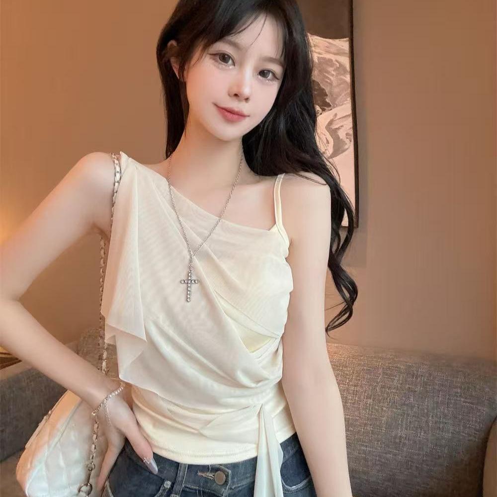 Summer new pure desire wind irregular slanted shoulder mesh sling vest women's design streamer slim top