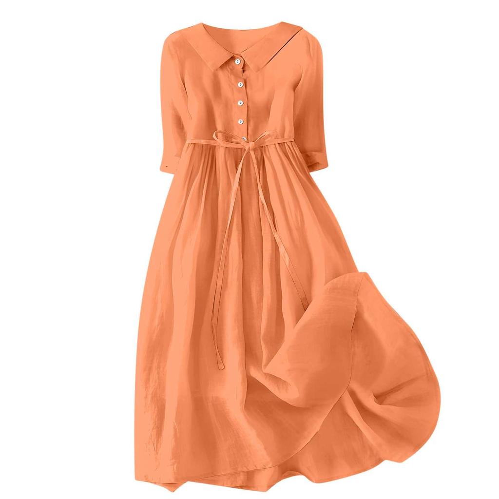 2024 Summer Trendy Lapel Dress: Cotton & Linen, Five-Point Sleeve, Long Skirt