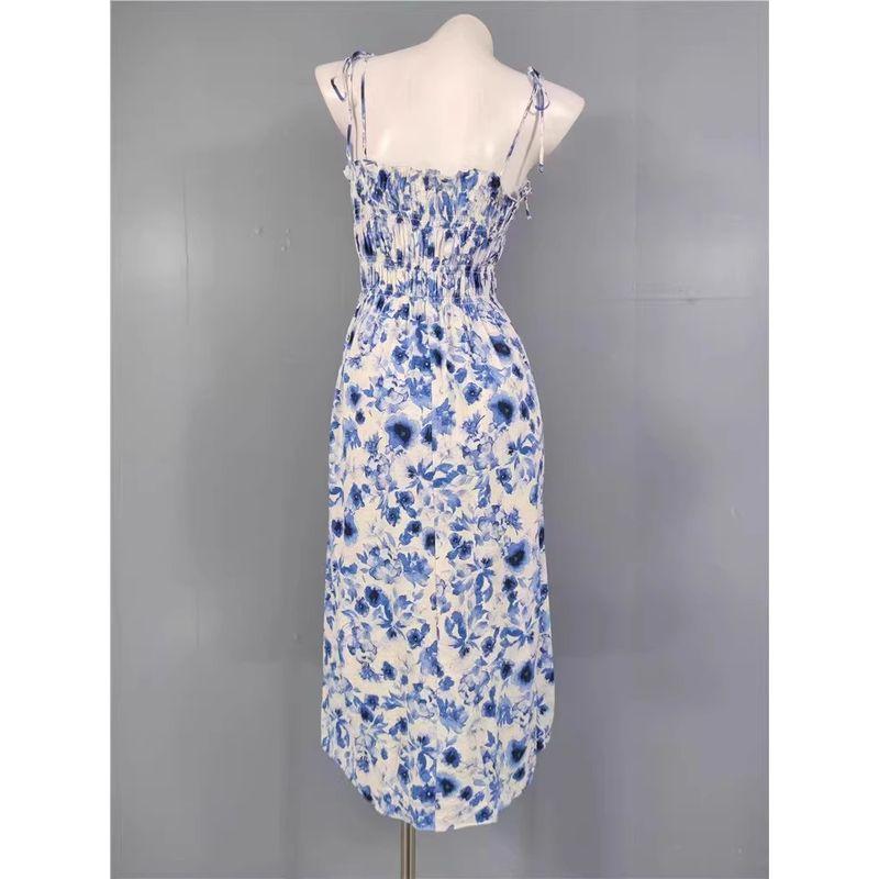 Foreign Trade Order H Home Summer New Fashion Exquisite Print Waist Hugging Slimming Elegant Vacation Cotton Stretch Dress