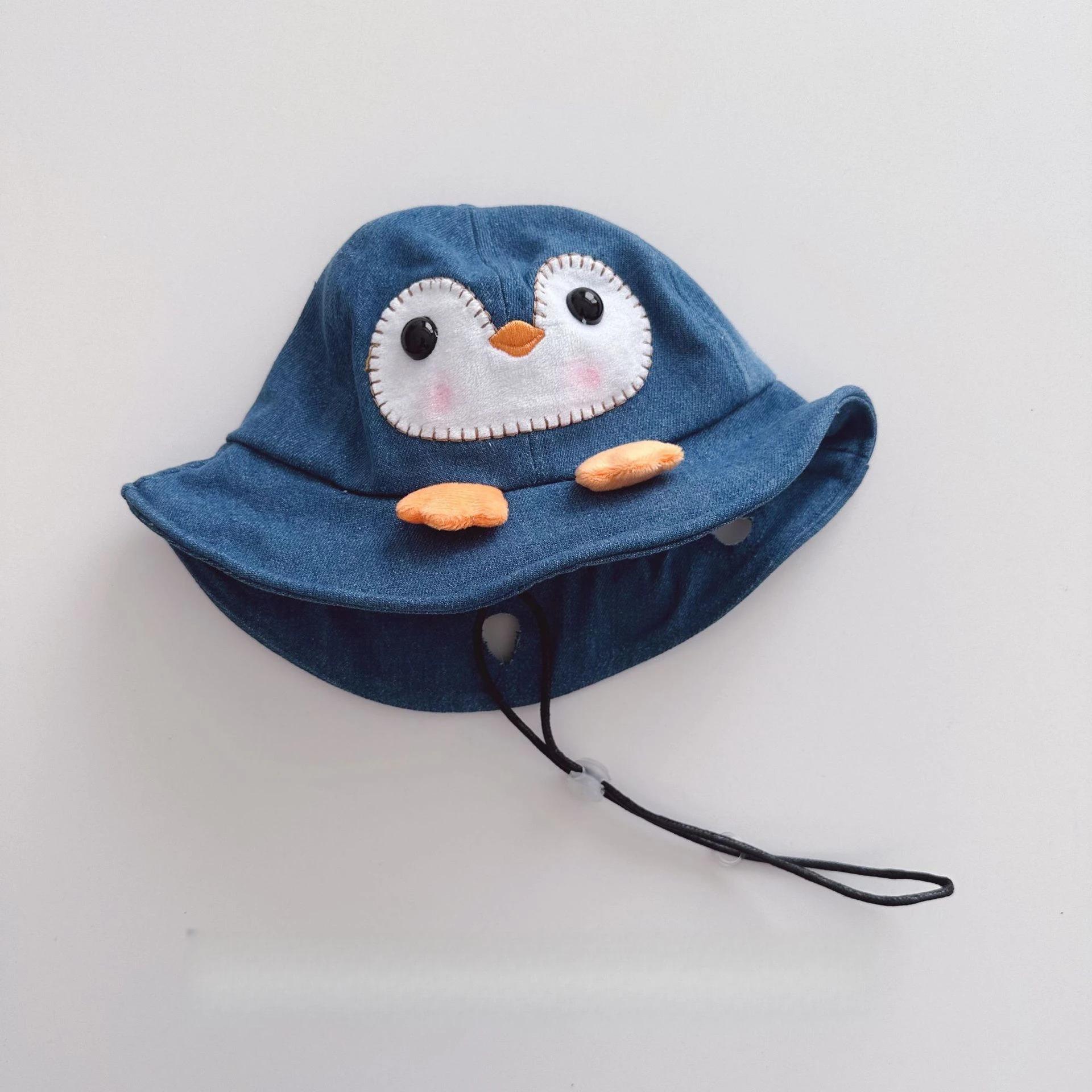 

Cute Cartoon Penguin Washed Kids Bucket Hat Chilidren Boys Girls Vintage Trendy Simple Bucket Cap Hat 48-52cm светло-синий