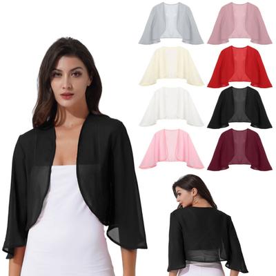 Women's Chiffon Bolero Shrug Jacket Open Front 3/4 Sleeve Cropped Cardigan Wedding Party Casual Wear