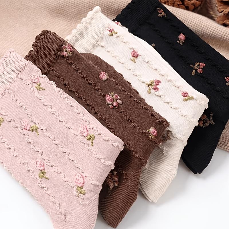 4 Pairs Japanese Style Women Cotton Socks Floral Knitted Mid Calf Crew Socks Ruffle Lace Trim Sweet Cozy Breathable Stockings