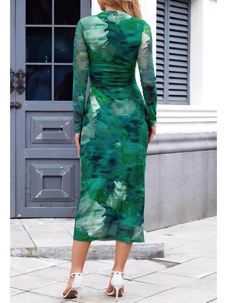 Women's Long-Sleeve Tie-Dye Pleated Cocktail Dress with Stand-Up Collar