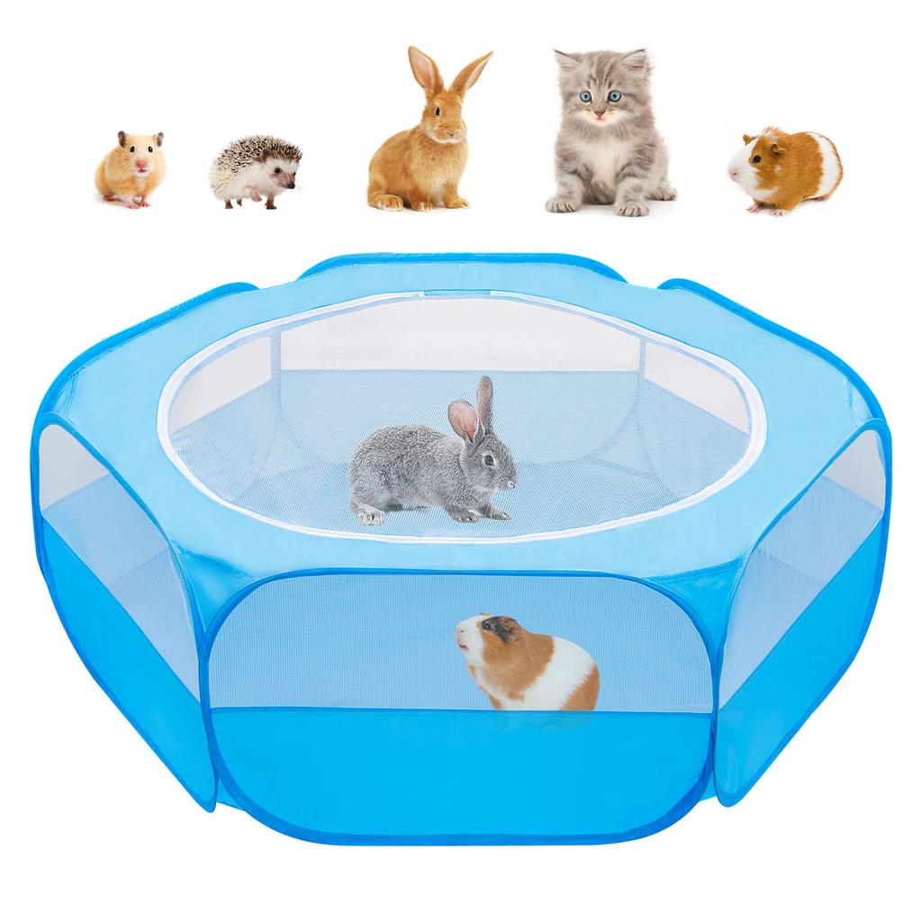 Faltbarer Sechseck-Hasen-Auslauf, Laufgehege für Kleintiere, Innen-/Außen-Auslauf für Kaninchen, Chinchillas und Igel (Hellblau)