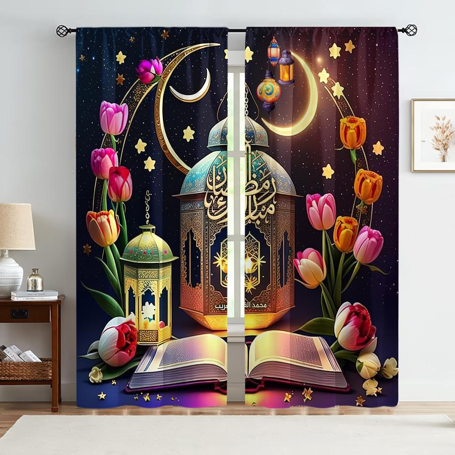 

Starry Moon Lantern Scripture Curtains Islamic Eid Decoration Style Bedroom Living Room Pull Up Pocket Set Of 2 Made Polyester Decor W100*H70(CM)-Hooks&1PCS