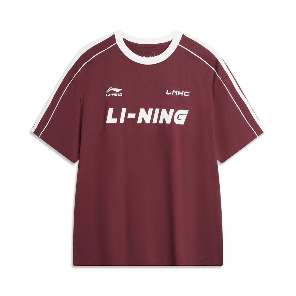 Li-Ning American Vintage Letter Logo Striped Print Round Neck Loose Comfortable Casual Short Sleeve Drop Shoulder T-Shirt Unisex T-Shirt AHSU657-3