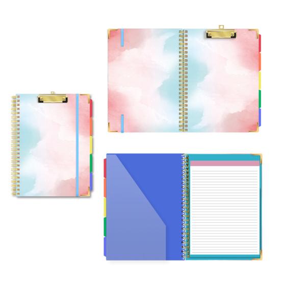 Clipboard Folio with Refillable Notepad Letter Size 5 Dividers Side Pockets Twin-wire Binding Elastic Band Colorful Label Index Spiral