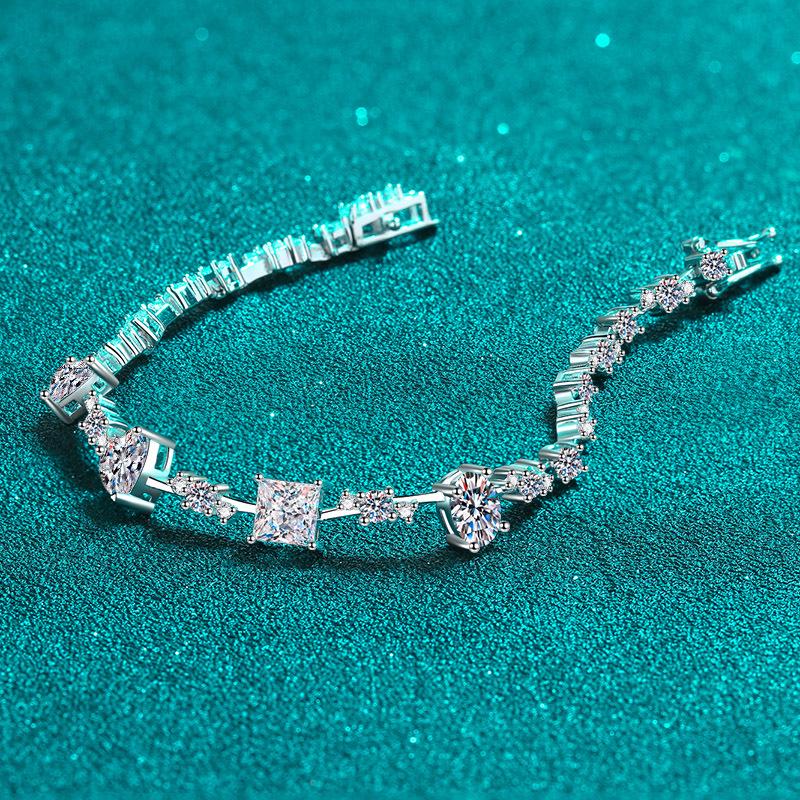 925 Sterling Silver Irregular Moissanite Bracelet for Women - Plated Pt950 Gold Bangle