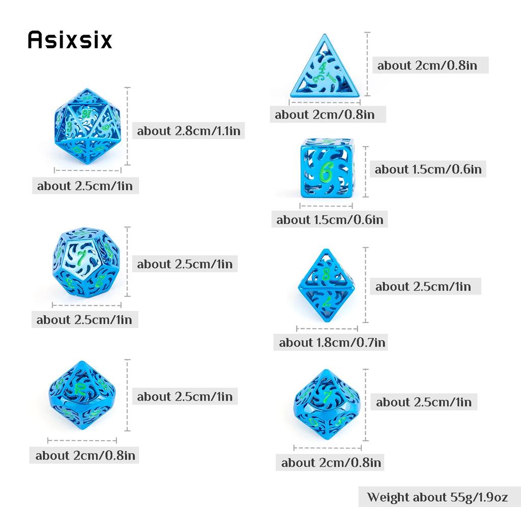 7 Pcs Blue Green Windmill Metal Dice Hollow Metal Polyhedral Dice Set Suitable for Role-Playing RPG  Board Game Card Game