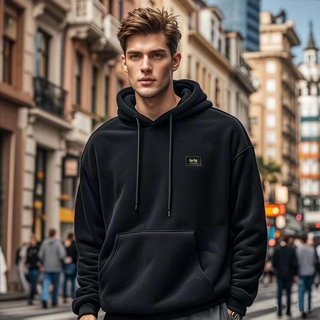 Felpa con cappuccio casual da uomo a tinta unita con stampa, maniche lunghe, pullover
