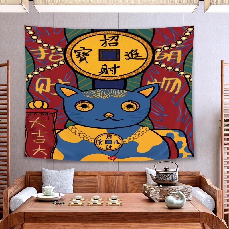 Maneki Neko Tapestry Wall Hanging White Lucky Cat Money Bag Gold Coins Cute Kawaii Aesthetic Wall Art Room Decor
