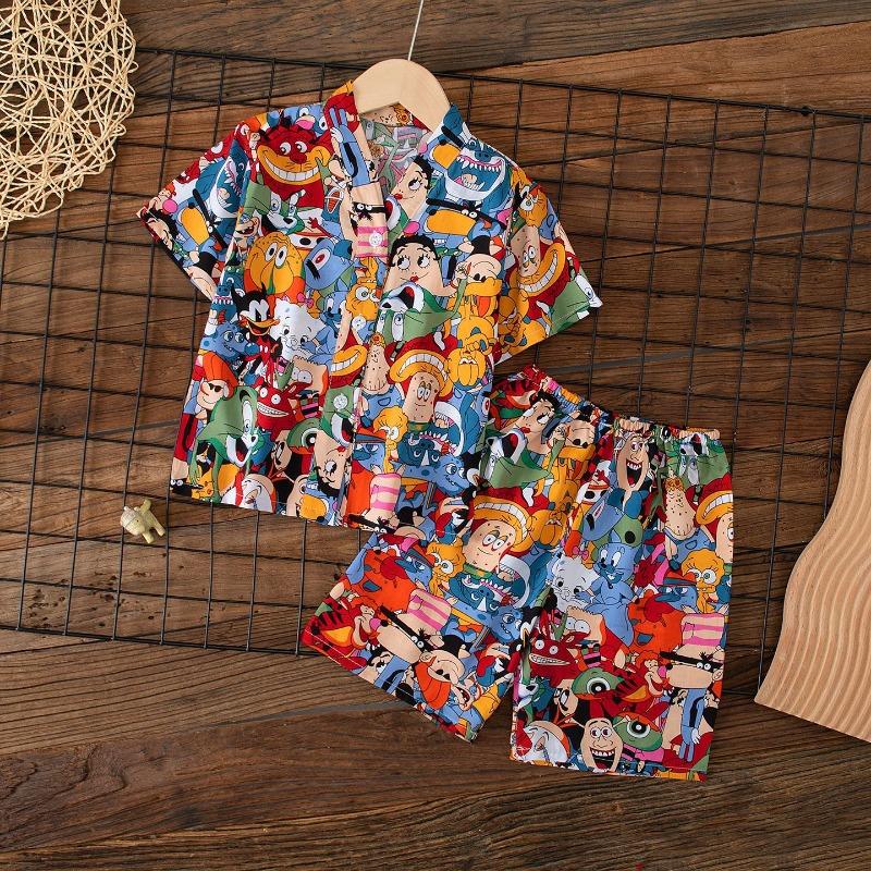 Kids 2-Piece Set 1-15Y Unisex Summer Casual Printed Viscose Cardigan+Shorts