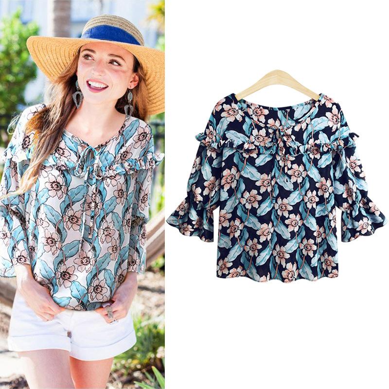 Модный принт с длинным рукавом для женщин. Мягкая свободная футболка с v-образным вырезом — фото 4