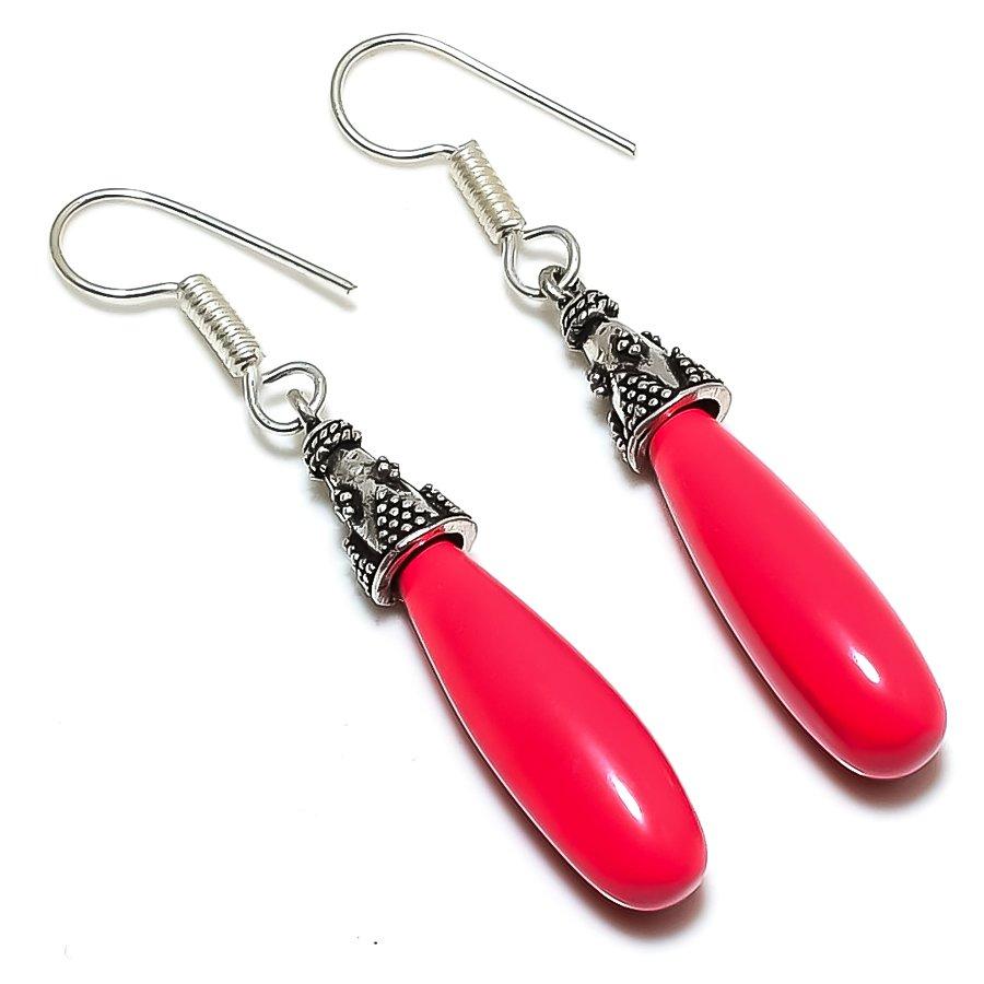

Natural Italian Red Coral Gemstone 925 Sterling Silver Earring 2.25 q4L21