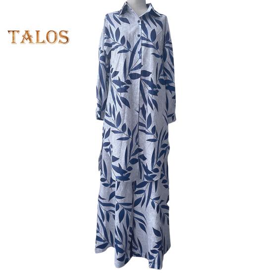 2-teiliges Set mit Hemd und Hose für Damen, Umlegekragen, einreihig, Blätterdruck, lange Ärmel, lockeres Oberteil in mittlerer Länge, elastische Taille, Hose mit weitem Bein, Sport