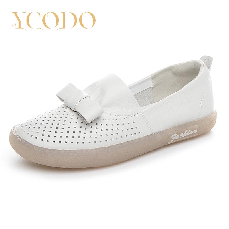 Весенне-летняя женская обувь из натуральной кожи с мягкой подошвой и открытыми отверстиями удобная нескользящая обувь для беременных на плоской подошве с бантом 41 белый 4673₽