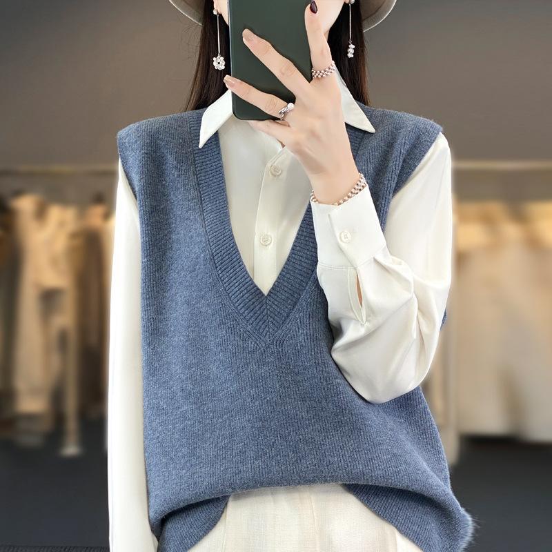 Vestă tricotată stivuită pentru femei Vestă tricotată lejeră Pulover fără mâneci Tank Top Camry Umăr Jachetă tricotată cu decolteu în V Toamnă/Iarnă