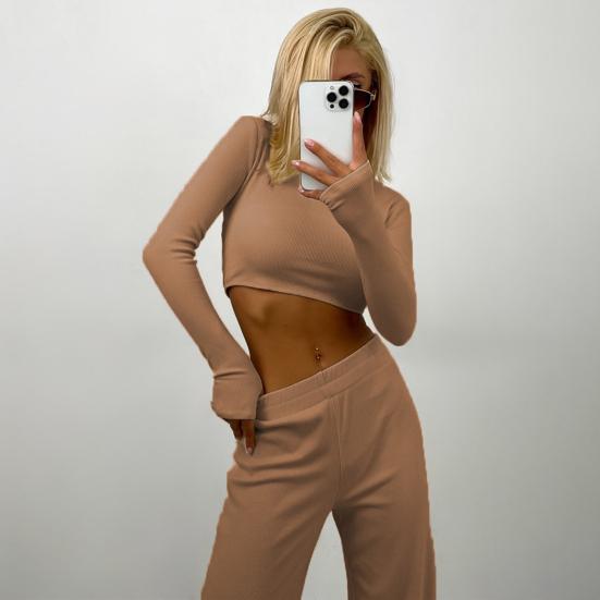 Women 2 Piece Lounge Set Long Sleeve Cropped Pullover Top Wide Leg Pants Set Fall Crewneck Tracksuit Casual Outfits