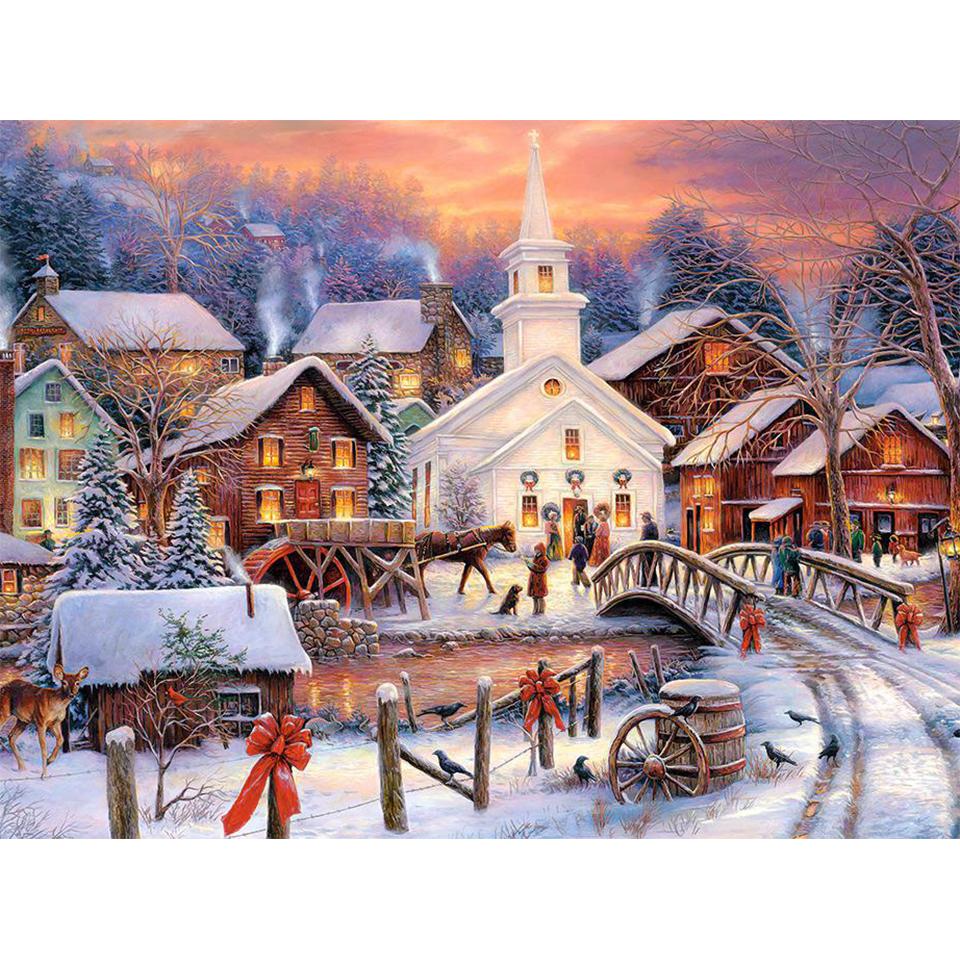 5D DIY Diamond Painting Landscape Winter House Full Round Rhinestone Embroidery Cross Stitch Kit Mosaic Picture Decoration Gift