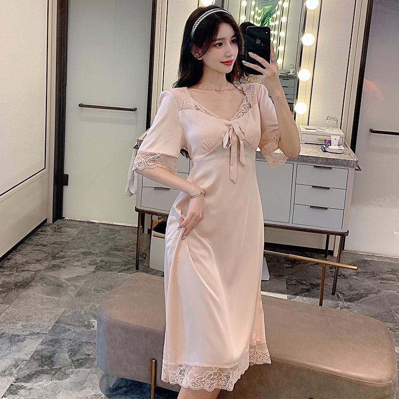 Ladies Summer Sexy Lace Sleepwear Short Sleeve Nightdress Women's Ice Silk Long Dress Bowknot Homewear