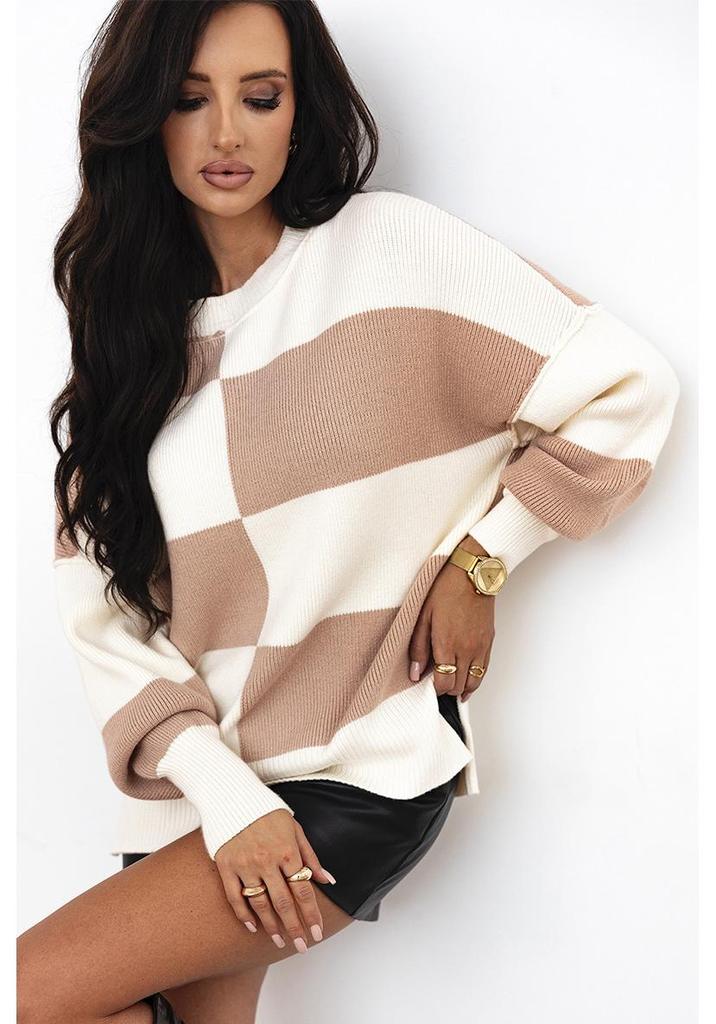 2025 Women's European & American Plaid Color Block Round Neck Sweater: Autumn/Winter Loose Drop Shoulder Knit Pullover