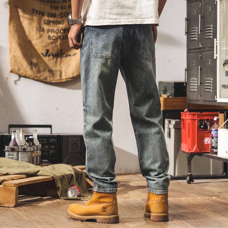Jie Leinuo Men's Loose Straight Vintage Washed Denim Jeans