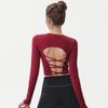 Hochelastisches Slim Fit Langarm-Yogatop mit gekreuzten Rückenriemen - Weinrot Fitness-Shirt