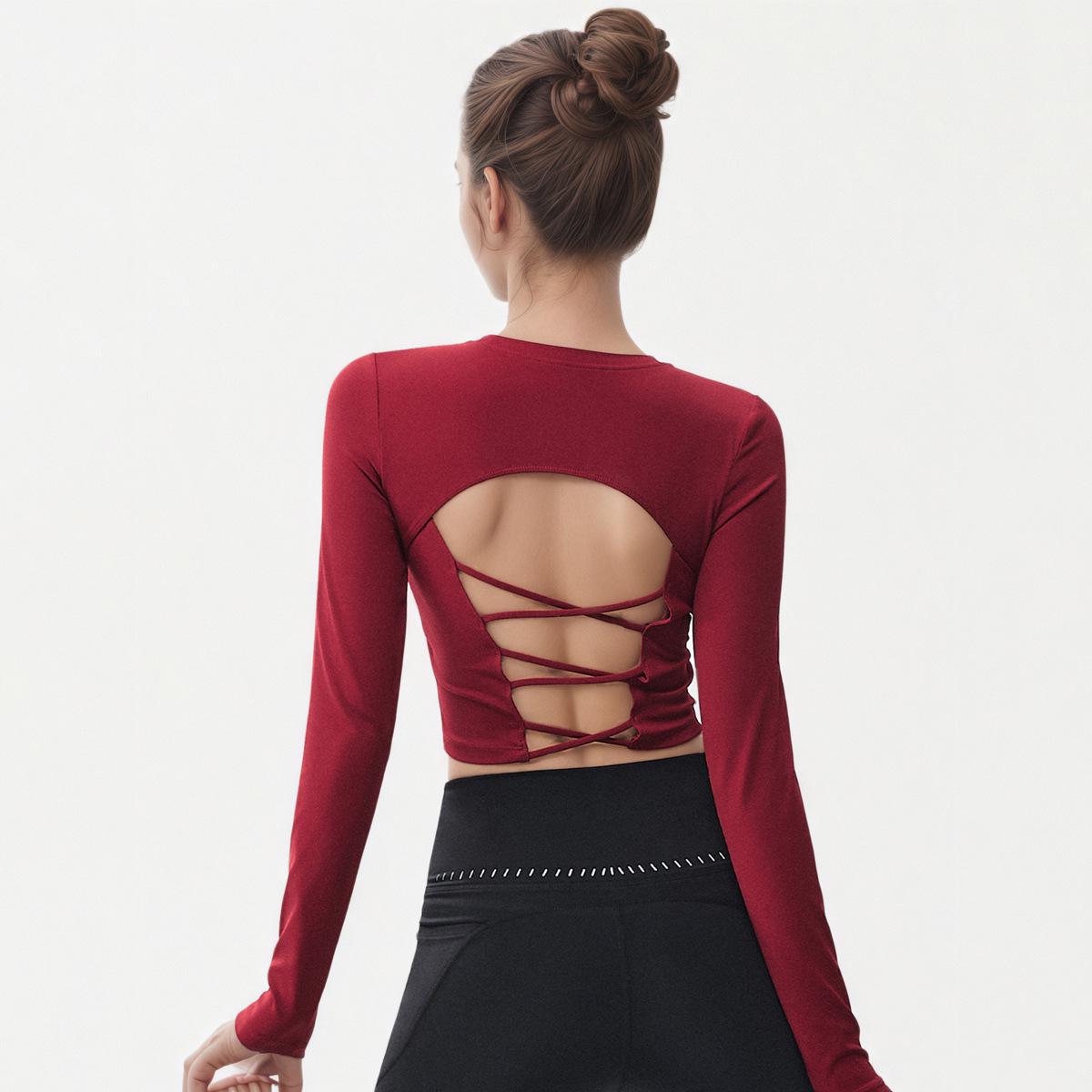 High Elastic Slim Fit Long Sleeve Yoga Top with Cross Back Straps - Wine Red Fitness Shirt Small