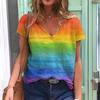 Summer Casual V-Neck Rainbow Printed Short Sleeve Women's T-Shirt Top