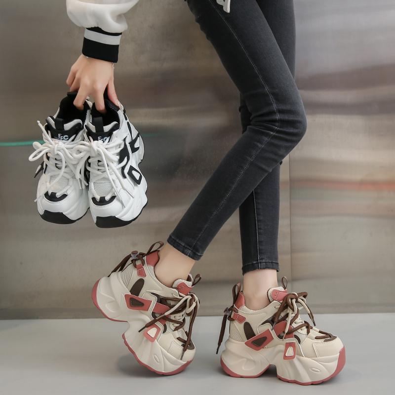 Fashion Fashion 8CM High Platform Sneakers Women Thick Sole Non Slip Sports Dad Shoes Woman Korea PU Leather Chunky Sneakers 2024 Spring