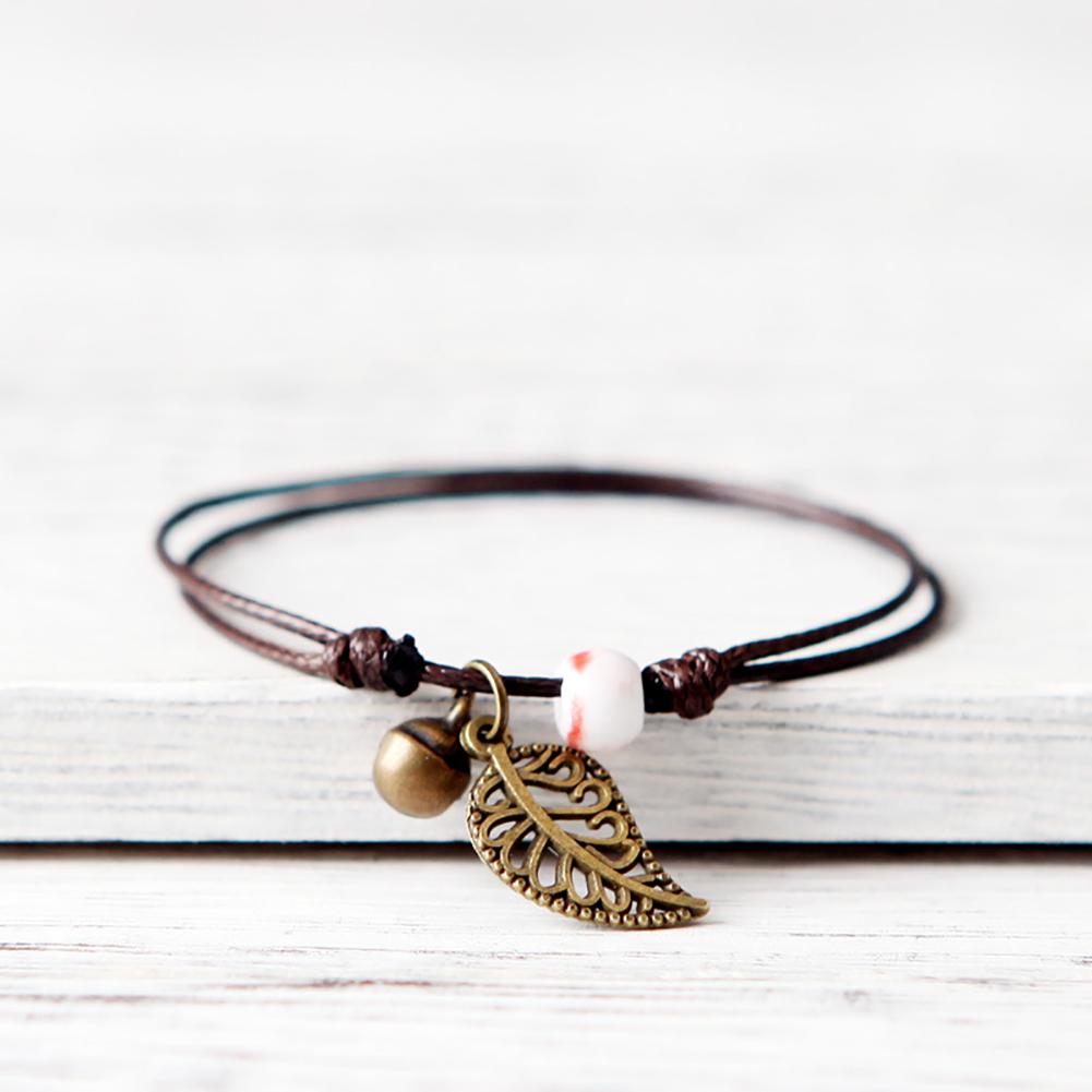 Ceramic Beaded Bracelet Bangle Rope Chain Vintage Leaf Pendant Couple Jewelry