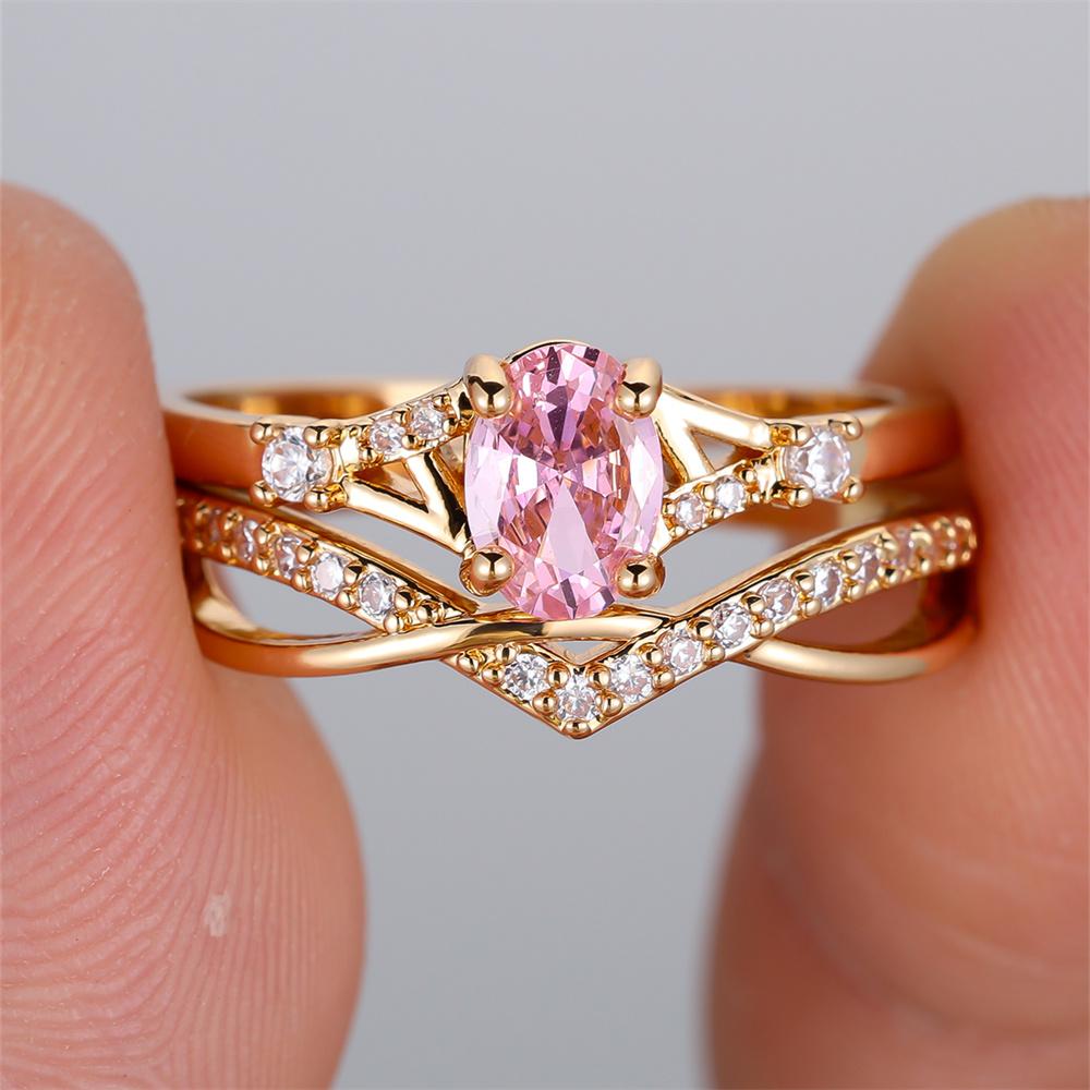 2pcs Oval Stone Elegant Pink Zircon Ring Sets For Women Vintage Gold Color Engagement Bands Wedding Jewelry Set Versatile Gifts