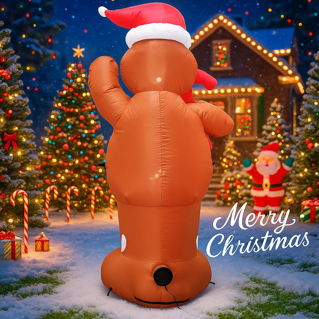 4.9FT LED Inflatable Xmas Yard Decor Gingerbread Man with Candy Cane Outdoor Lawn Garden Supplies Home Decor Ornaments Toy Gifts
