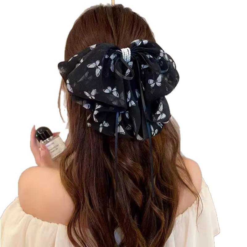 Handmade Chiffon Floral Bow Ponytail Clip for Voluminous Hair
