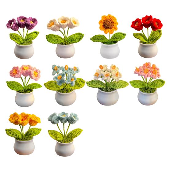 Håndheklet Blomster Håndlaget Liljekonvall Plante Ferdig Heklet Potte Solsikke Kunstig Forglemmegei Blomst for Hjem Skrivebordsdekorasjon