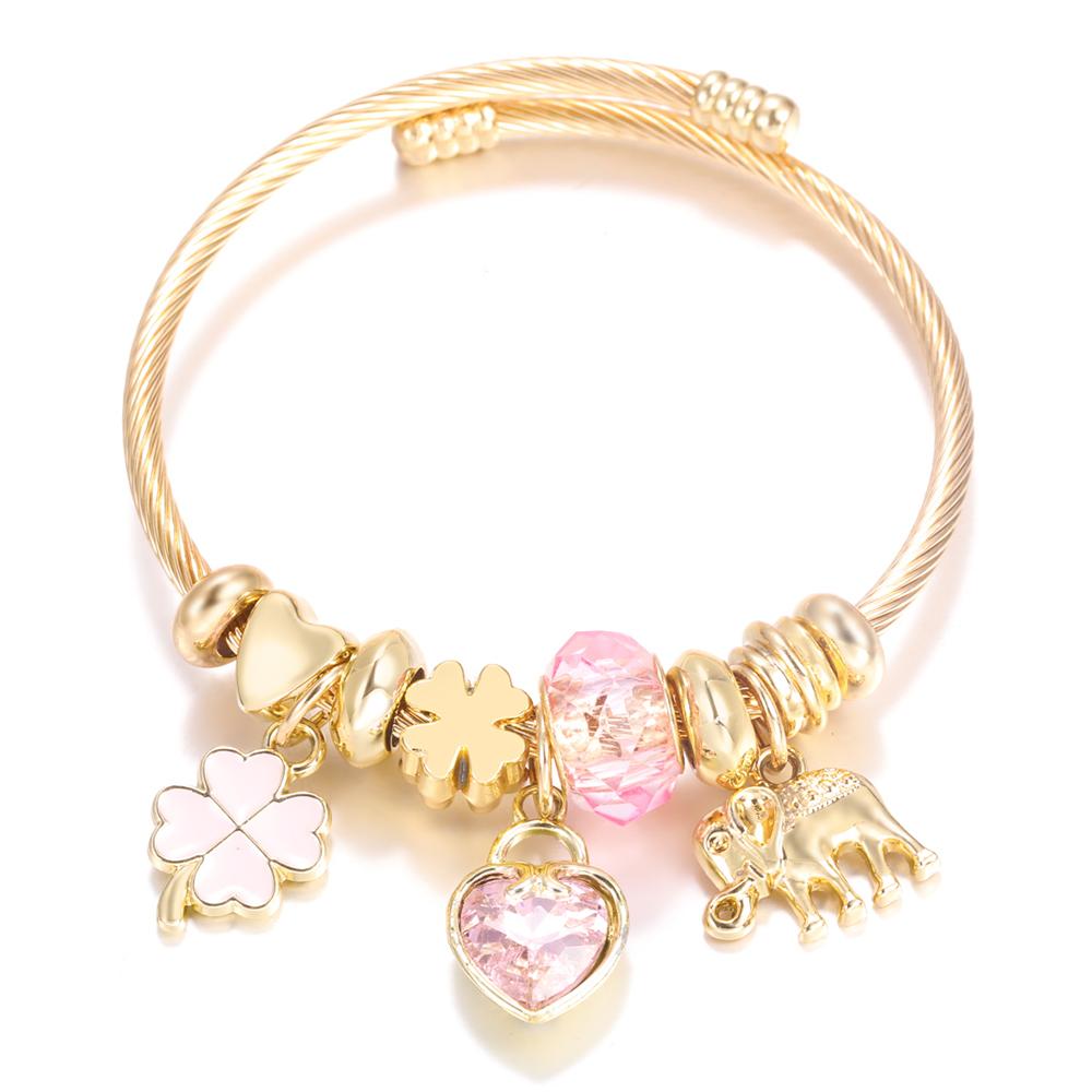New Trendy 4 Colors Heart Shape Painted Pendant Closure Beaded Bracelet Golden Stainless Steel Women Bracelet Charm Jewelry