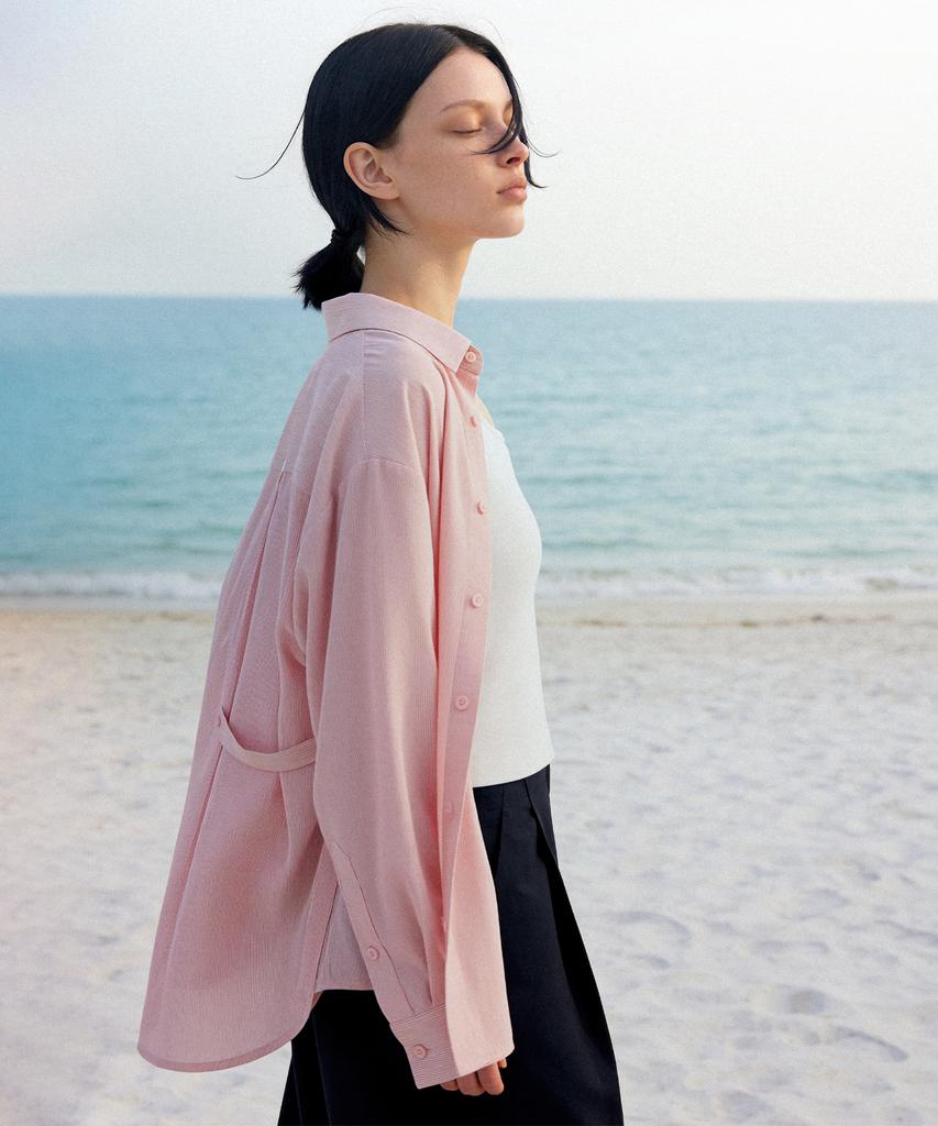 Myuleus Summer Striped See-Through Shirt (Imported Fabric) [Peach]